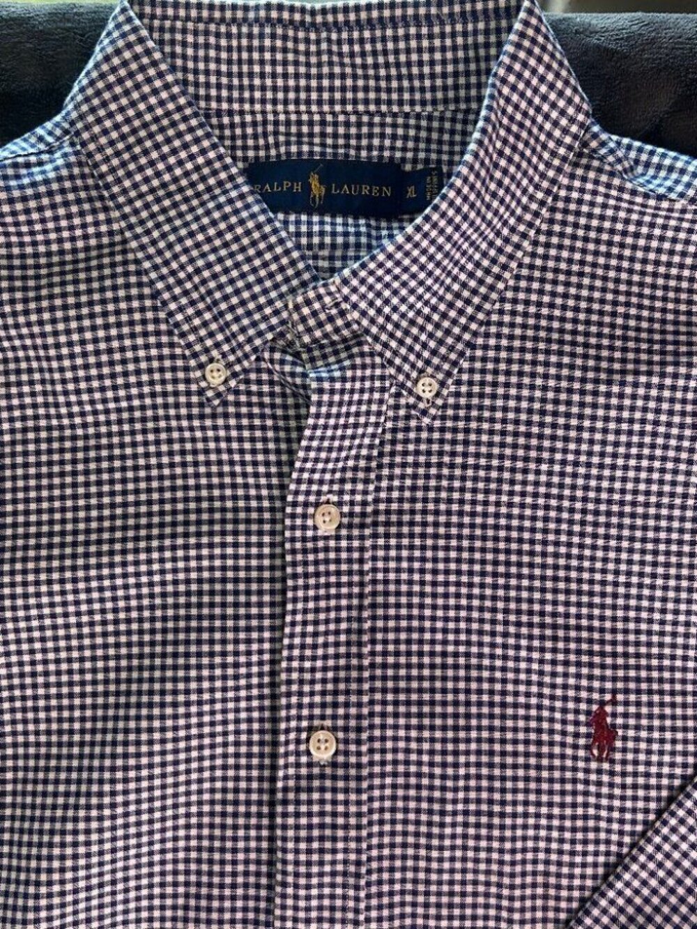 Ralph Lauren Button Down Shirt XL Navy White Check Cotton Stretch Long Sleeve